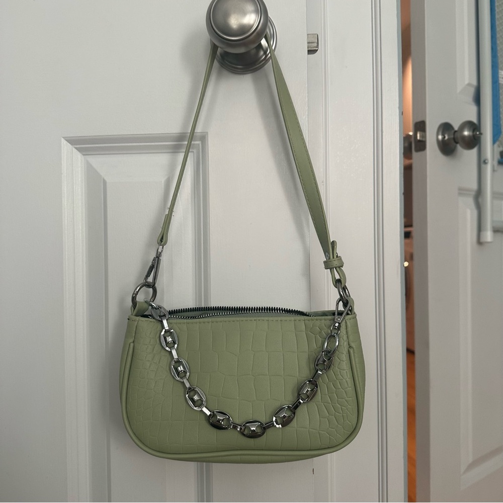 Green Croc-Embossed Shoulder Bag